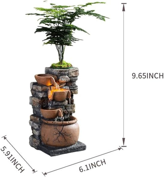 Indoor Fountain 4-Bowl Rockery Soothing Sound Tabletop Fountains Home/Office Decor with a Small Plastic Pot to Grow The Plant by Yourself(Automatic Watering)(23001)