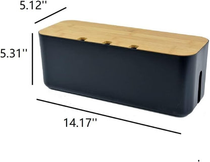 Cable Management Box with Bamboo Lid, Small Power Strip Organizer, Black