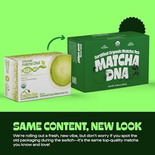 Matcha DNA Certified Organic Matcha Tea Bags, 100 Count Box, Green Tea