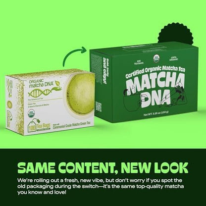 Matcha DNA Certified Organic Matcha Tea Bags, 100 Count Box, Green Tea