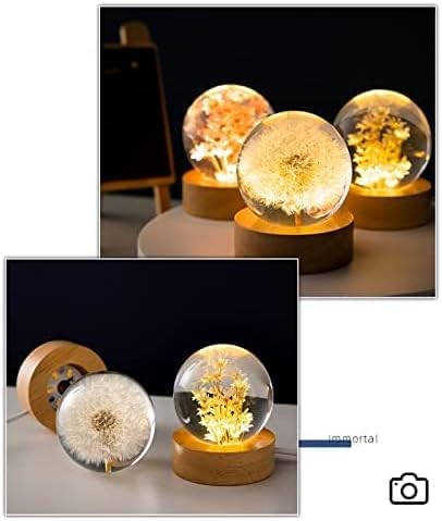 Flower Crystal Ball Night Light,2.4 inch Glass Ball Night Lamp with Woodern Base (Dandelion)