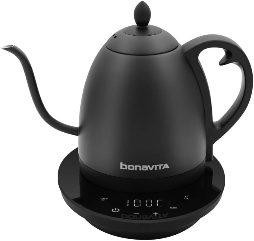 Bonavita 1L Digital Variable Temperature Gooseneck Electric Kettle for Coffee Brew and Tea Precise Pour Control, 6 Preset Temps, Café or Home Use, 1200 Watt, LED Panel, Stainless Steel