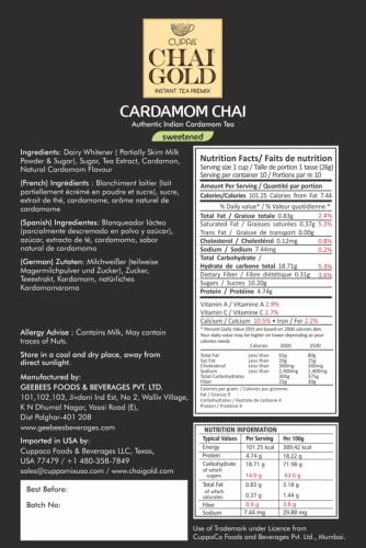 Cuppa Chai Gold Cardamom Chai Instant Tea Premix Sweetened, Rich Cardamom Flavor Tea Beverage Mix, Smooth Creamy Taste, Just Add Hot Water, Convenient Single-Serve Sachets for Home, Office & Travel, 10 Count