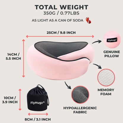 FlyHugz® Neck Travel Pillow Memory Foam Neck Pillow for Comfort on Airplane Compact and Ergonomic Design for Travel, Car Rides, and Home Use Ideal for Adults and Kids.