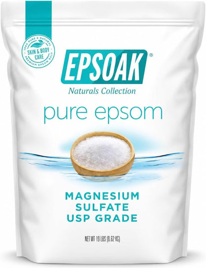Epsoak Epsom Salt 38 lb. Magnesium Sulfate USP. (Qty. 2 x 19 lb. Bags) Resealable Epsom Salt Bag Unscented, Made in The USA, Cruelty-Free Certified