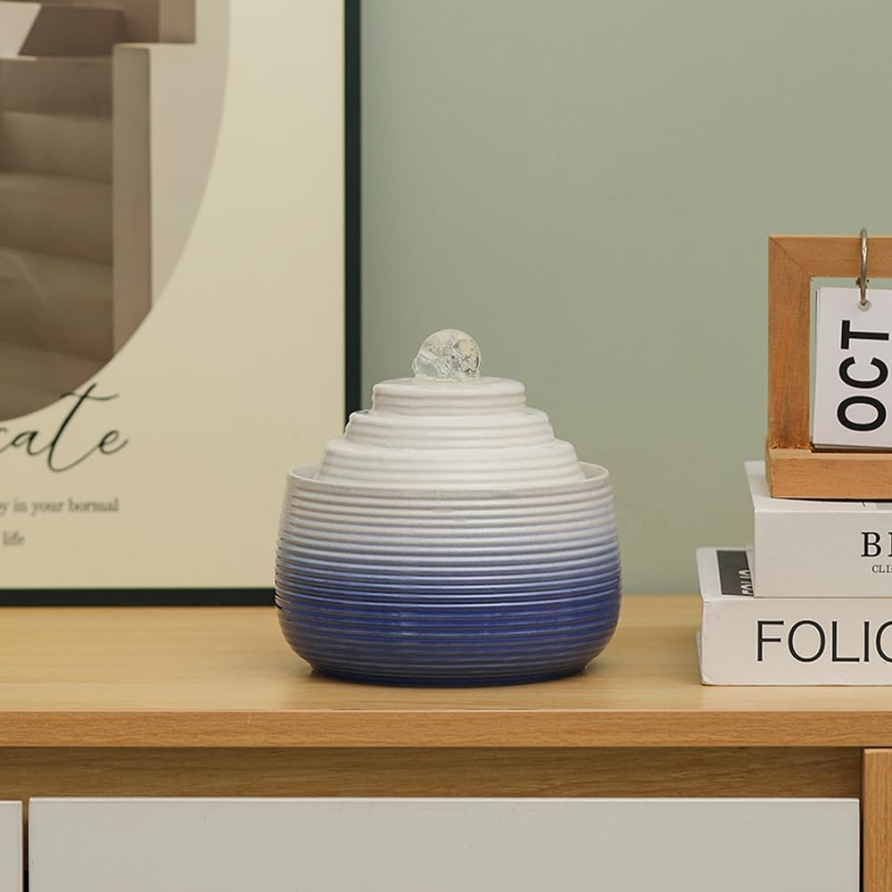 Indoor and Outdoor Fountain Water Feature Fall Ceramic Home Office Decoration mini Tabletop Desktop (Blue with Ball S093)