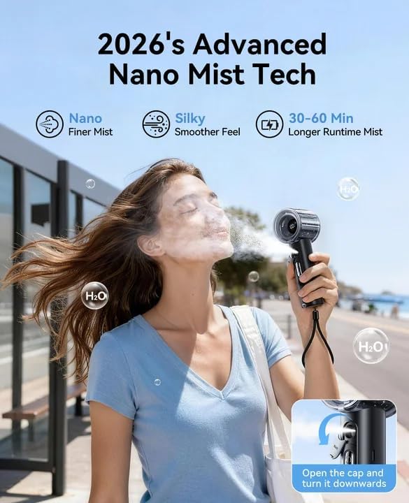 KIMMOO Portable Misting Fan, USB Rechargable Handheld Fan with Water Spray Mist, Up to 13 Hrs Cooling, 25000PRM, 100 Speeds, 50ml Water Tank, Personal Turbo Fan for Travel/Makeup/Office/Outdoor, Black