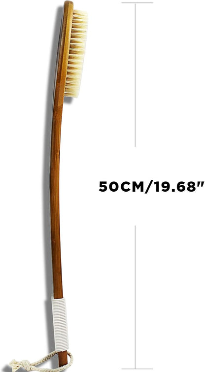 ICANdOIT-17.71Inch Natural Boar Bristles Anti-Slip Long Handle Bath Brush,Bent Handle Shower Scrubber for Exfoliating,Shower Back Brush,Exfoliation Set with Pumice Stone (1 Pack)