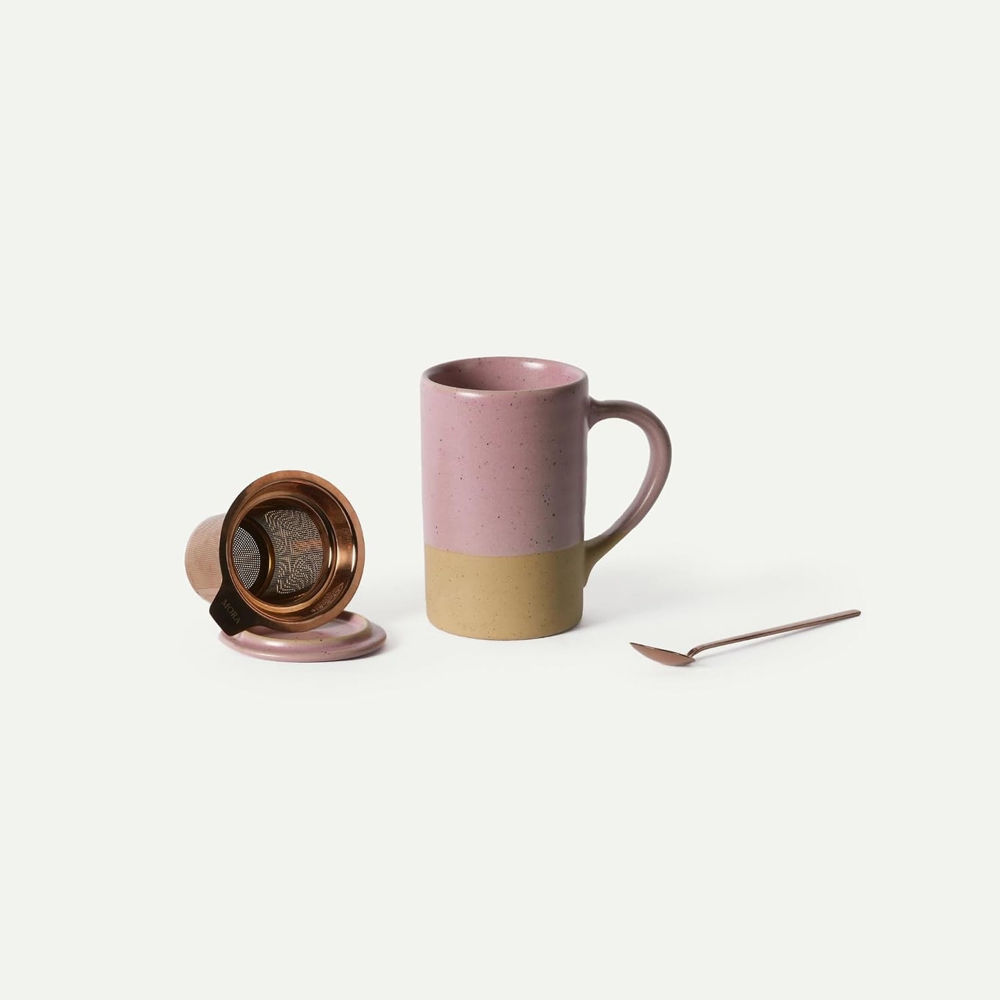 Mora Ceramics Tea Cup with Loose Leaf Infuser, Spoon and Lid, 12 oz, Microwave and Dishwasher Safe Coffee Mug - Rustic Matte Ceramic Glaze, Modern Herbal Tea Strainer - Great Gift for Women, Garnet