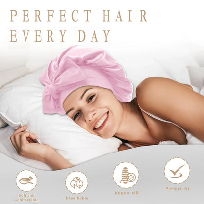 VECIIR Silk Bonnet for Sleeping Women, Ajustable Hair Bonnet for Curly Hairs Satin Bonnet Reduce Friction Prevent Frizz Black，Large