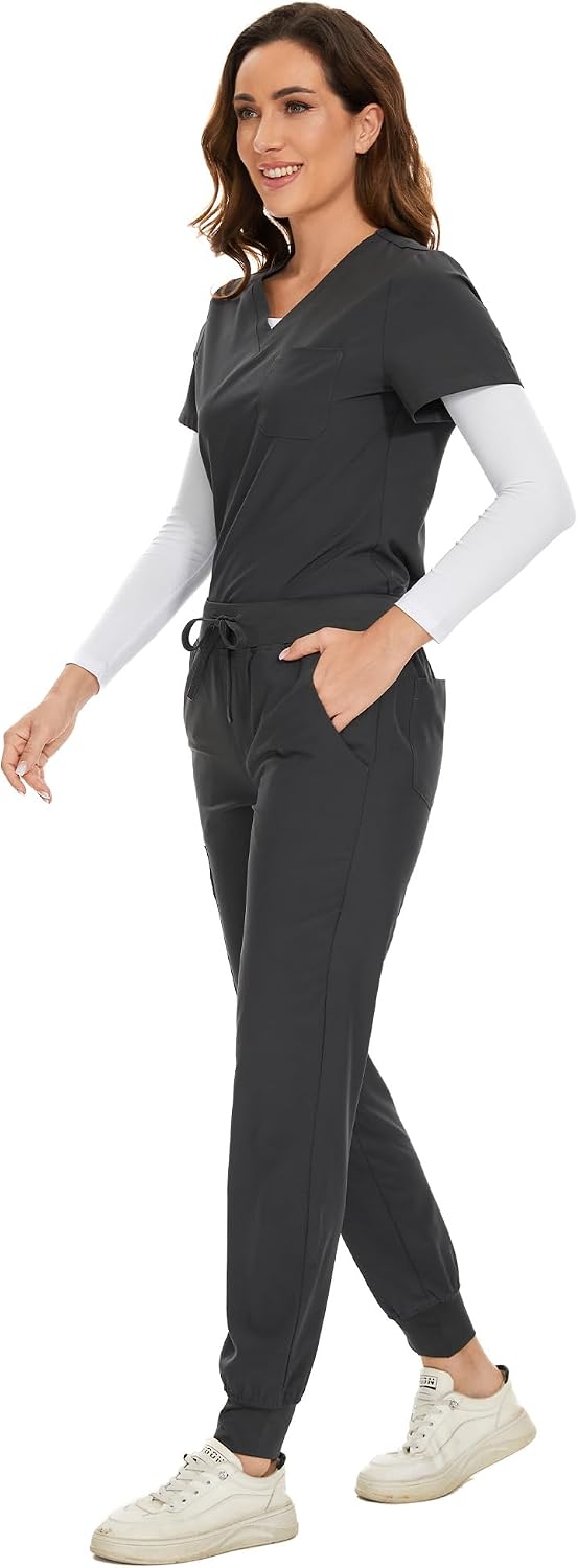 COZYFIT Scrubs for Women Set - Stretch V-Neck Scrub Top & Jogger Pant with 8 Pockets COZY SCRUBS - Colors C