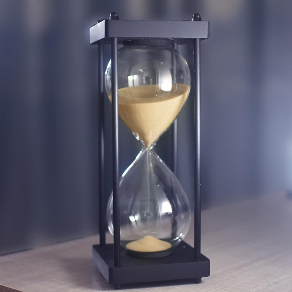 Hourglass Timer 60 Minute, Black Wooden Frame Decorative Sand Timer (Black Sand, Large Size)