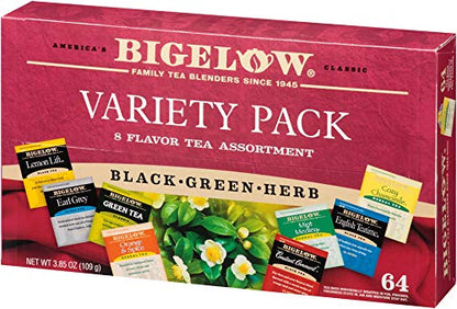 Bigelow Tea Caffeine Free 6 Flavor Herbal Tea Variety Pack, Decaf Tea with Mint Medley, Cozy Chamomile, Orange and Spice, Sweet Dreams, Perfect Peach, and Lemon Ginger, (Pack of 6), 118 Total Tea Bags