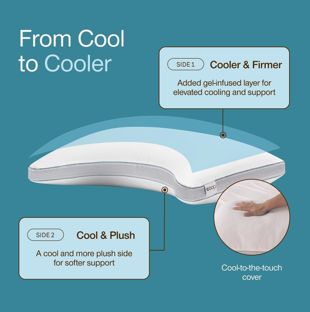 Coop Home Goods Cool+ Adjustable Pillow, Queen Size Plus Shaped Memory Foam Pillows with Cooling Gel, Back, Stomach or Side Sleeper, Neck Support for Sleeping, CertiPUR-US/GREENGUARD Gold