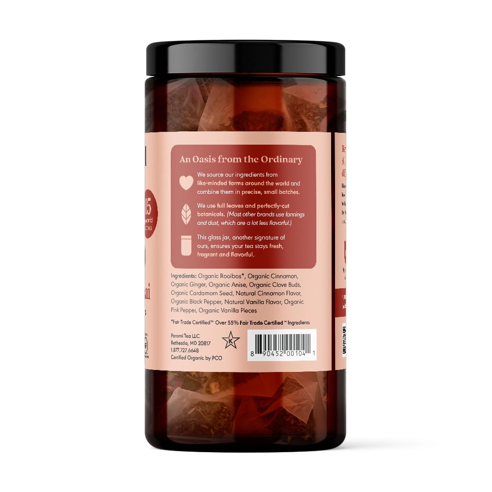 Paromi Cinnamon Chai Rooibos Organic Tea, Signature Jar, 15 Count