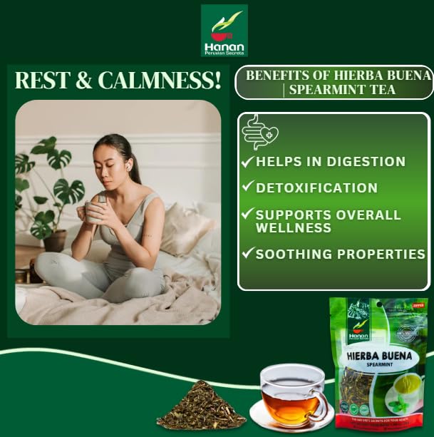 Hanan Spearmint Tea Loose Leaf (Hierba Buena) 1.1 oz (30 g) - Dried Peppermint Leaves (Mentha Spicata) Plant Leaves from Peru