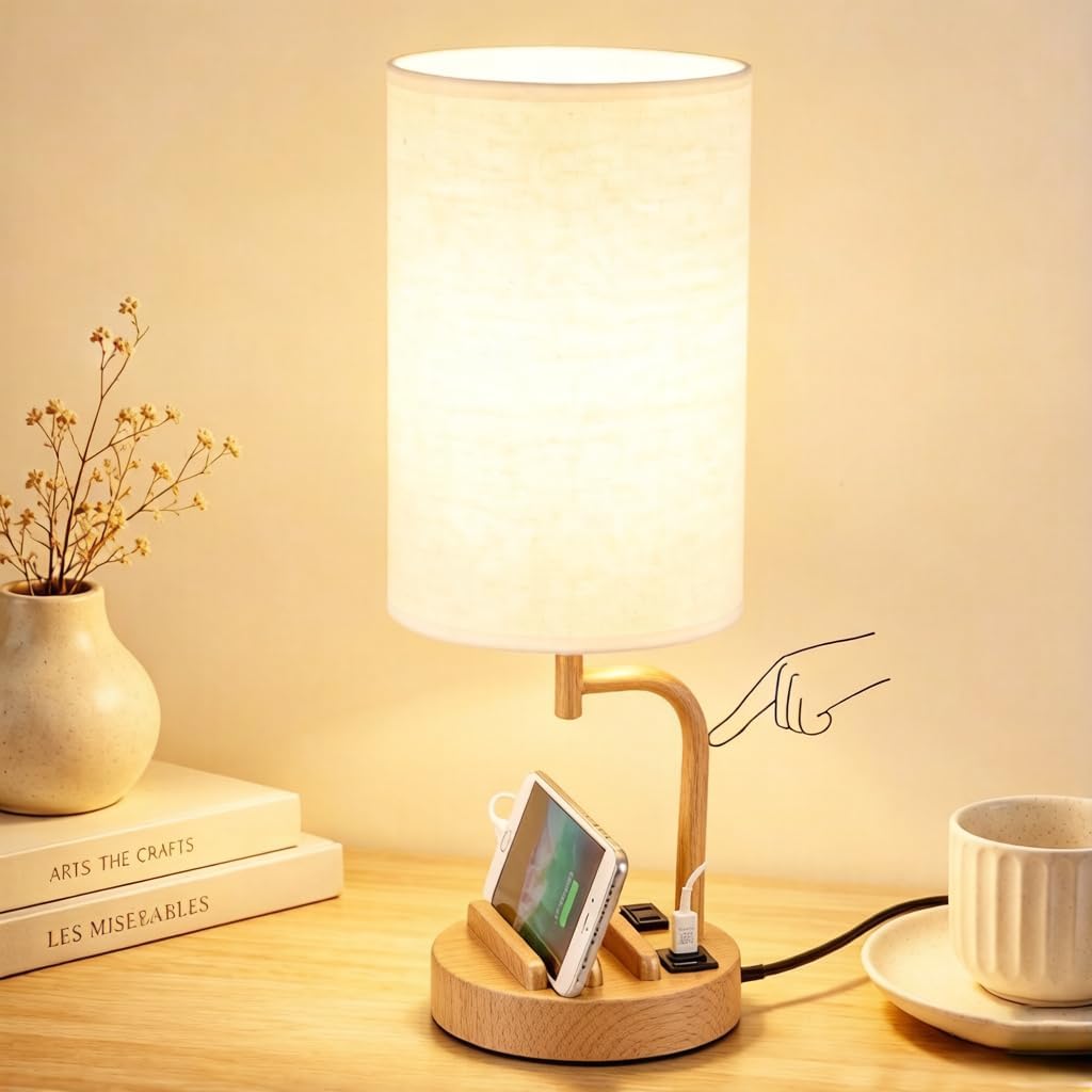 Dreamholder Touch Control USB Table Lamp with USB C/A & AC Outlet, 3-Way Dimmable Bedside Lamp, Modern Nightstand Lamps for Bedroom Living Room Guest Room Office, Bulb Included, Gold