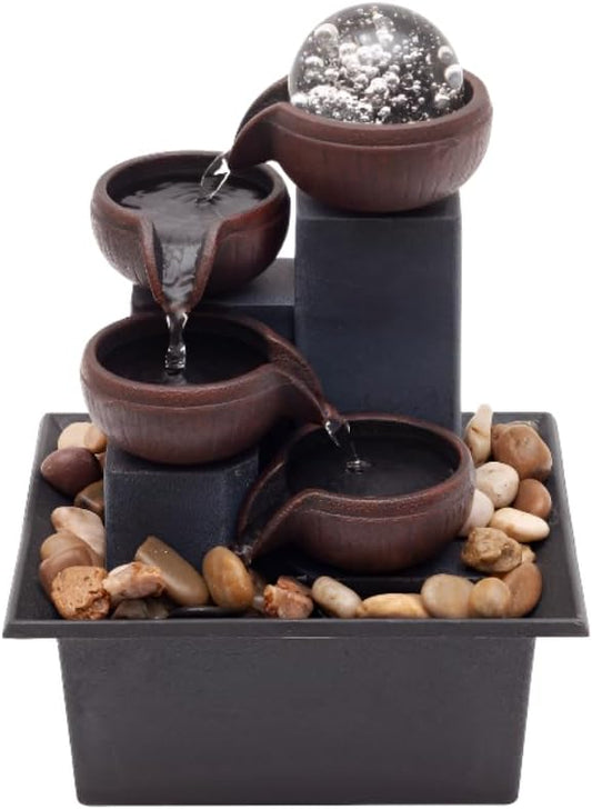 Indoor Desktop Fountain 4-Tier Desktop Fountain with Warm LED Lights & 3-Speed Adjustable Pump - Ideal for Bedrooms, Offices & Home Décor