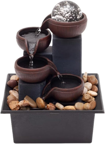 Indoor Desktop Fountain 4-Tier Desktop Fountain with Warm LED Lights & 3-Speed Adjustable Pump - Ideal for Bedrooms, Offices & Home Décor