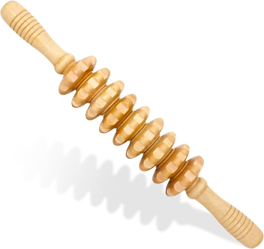 Wooden Fascia Massage Roller – Handheld Myofascial Release Massage Stick with Trigger-Point Knobs for Deep Tissue, Cellulite, Muscle Recovery & Circulation, Lymphatic Drainage Massager