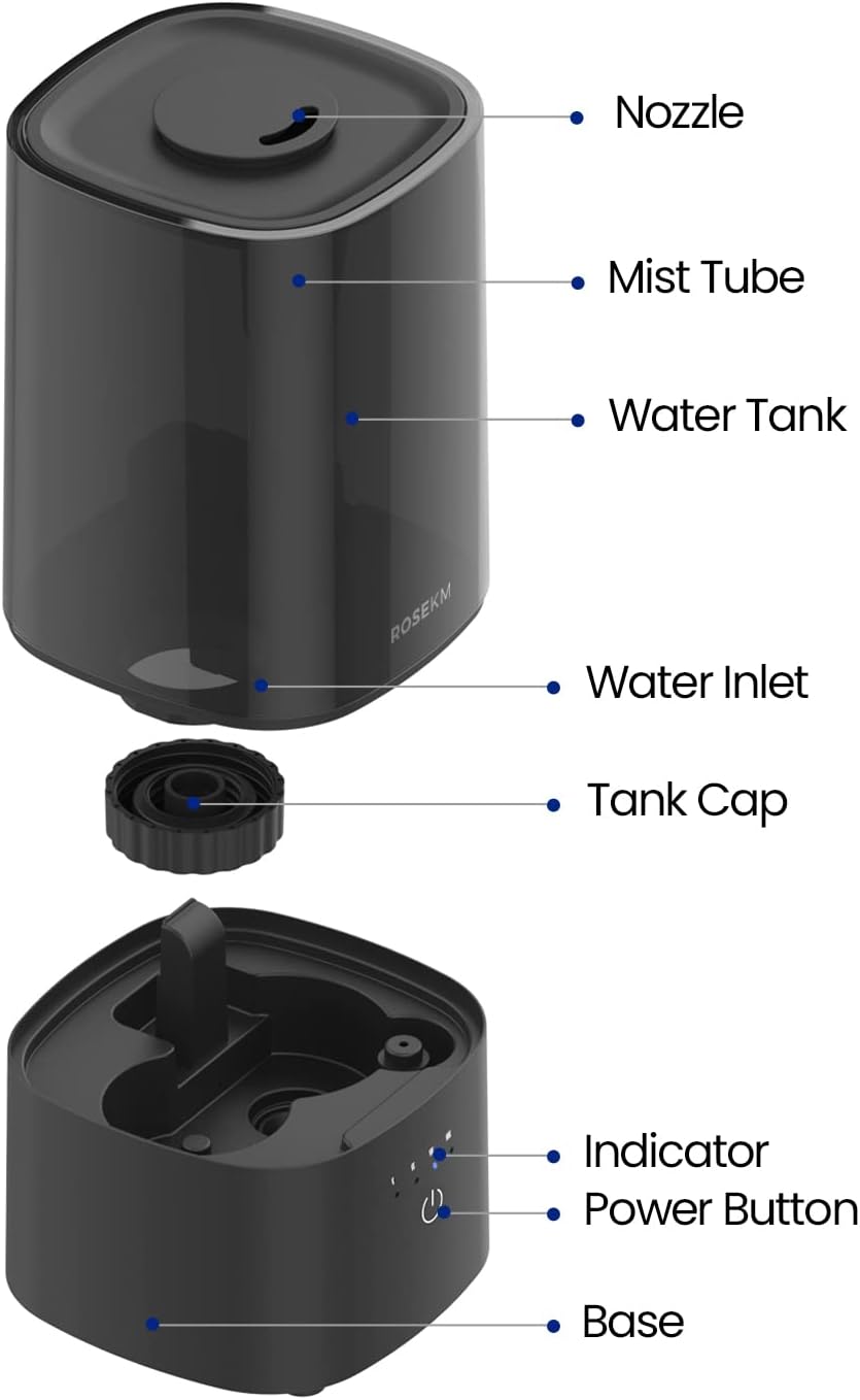ROSEKM Humidifiers for Bedroom (1.1L), Small Cool Mist Humidifier for Home Plant and Baby Nursery, Quiet Ultrasonic Humidifier with 360° Nozzle, Auto Shut-Off, Filterless, Black