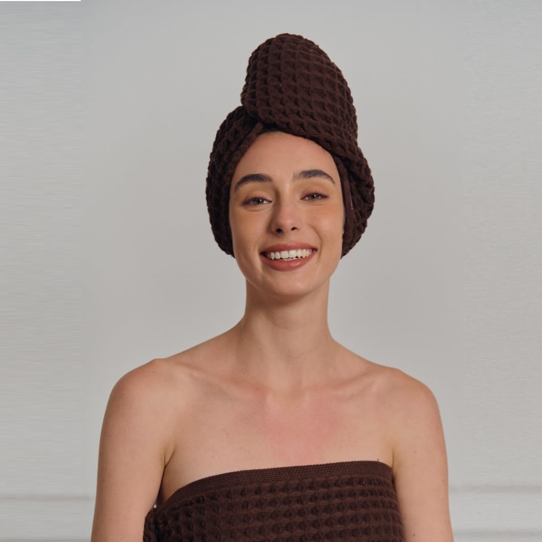 Luxury Organic Japanese Cotton Hair Drying Waffle Towel Wrap for Women | Absorbent, Quick-Dry Head Turban for Shower, Sauna, Spa | Extra Large for Long, Curly, Straight Hair With Button (White, 1 Pc)