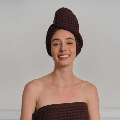 Luxury Organic Japanese Cotton Hair Drying Waffle Towel Wrap for Women | Absorbent, Quick-Dry Head Turban for Shower, Sauna, Spa | Extra Large for Long, Curly, Straight Hair With Button (White, 1 Pc)