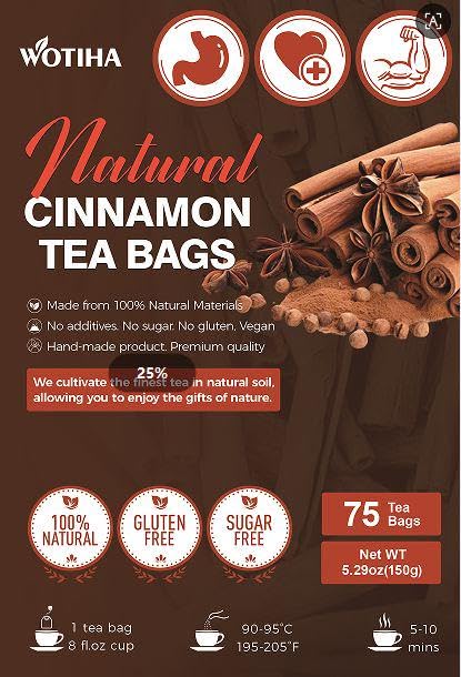 WOTIHA Premium Ceylon Cinnamon Tea Bags (75 Count) - 100% Pure Cinnamon Sticks for Blood Sugar Support & Relaxation - Caffeine-Free, Sugar-Free, Vegan, No Additives