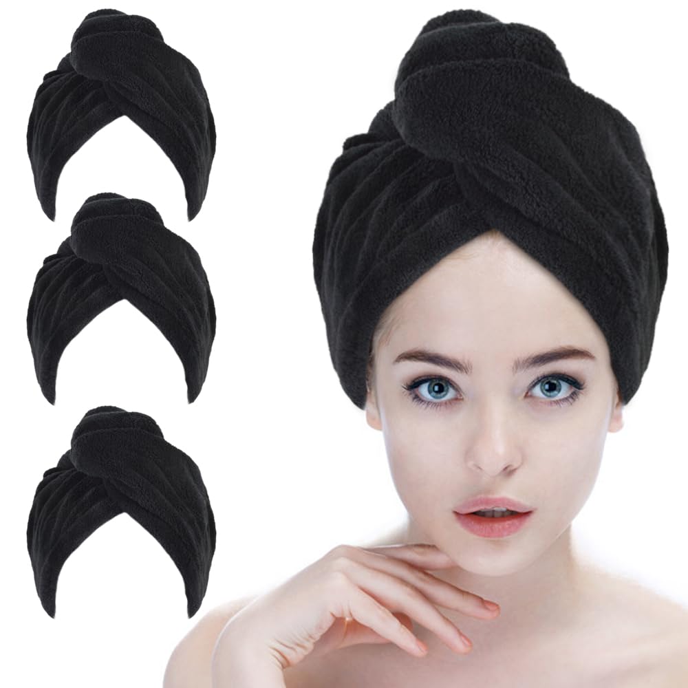 SINLAND Microfiber Hair Drying Cap Hair Towel Turban Twist for Women Fast Drying Towels Head Turban Absorbent Soft Lightweight 3 Pack Black