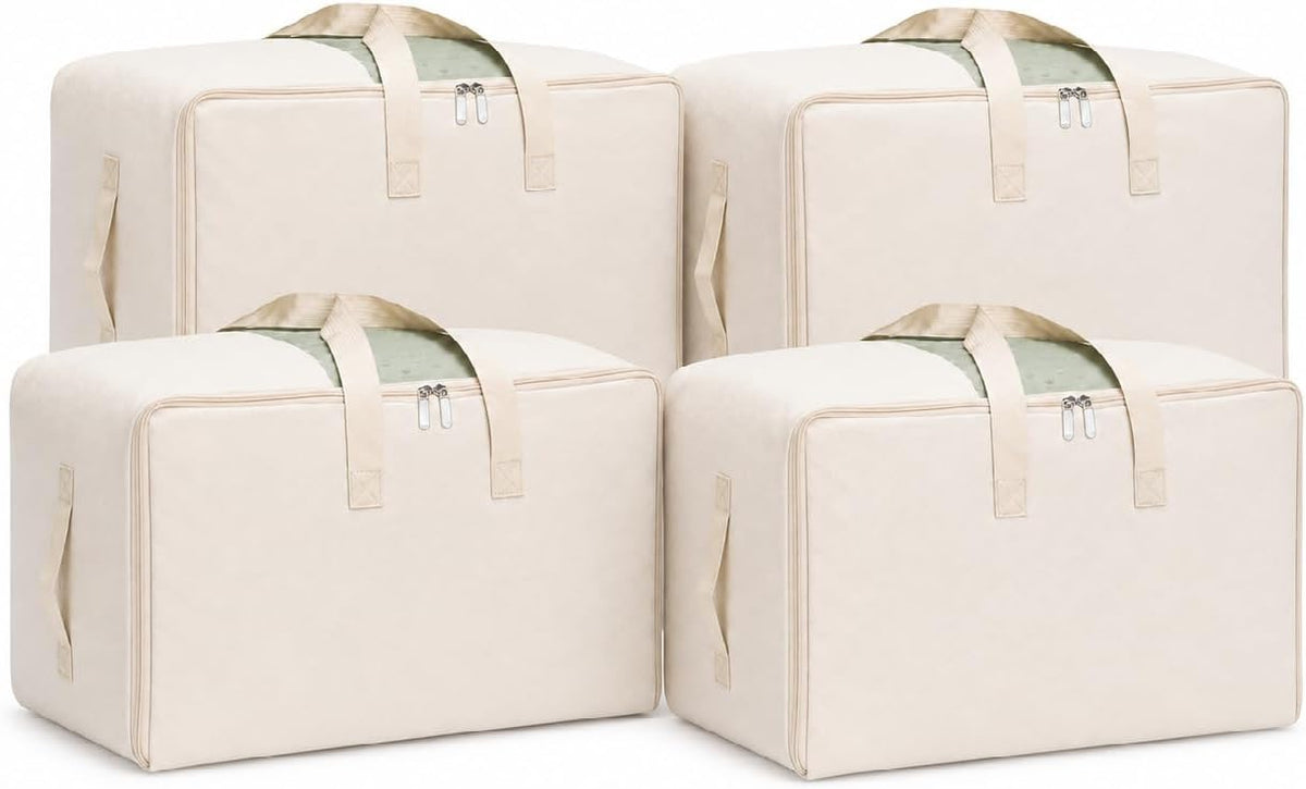 DoYiKe Soft Large Canvas Comforter Storage Bags with Four Carrying Handles and Clear Window, Closet Organizer for Clothing, Blankets Sheets Pillows and Bedding, 80L, Beige
