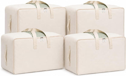 DoYiKe Soft Large Canvas Comforter Storage Bags with Four Carrying Handles and Clear Window, Closet Organizer for Clothing, Blankets Sheets Pillows and Bedding, 80L, Beige