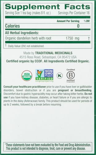 Traditional Medicinals Tea, Organic Dandelion Leaf & Root, Supports Kidney Function & Healthy Digestion, 16 Tea Bags