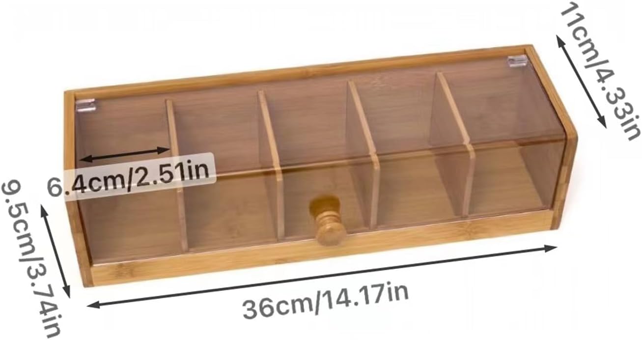 RRRICO Bamboo Tea Bag Organizer Box with Clear Acrylic Lid, 5-Compartment Tea Bag Storage Box for Countertop, Cabinet and Pantry, Tea Box for Packets and Sachets