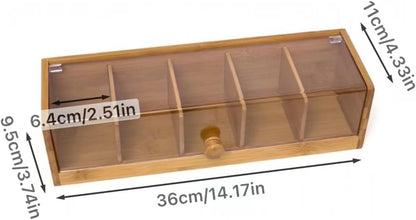 RRRICO Bamboo Tea Bag Organizer Box with Clear Acrylic Lid, 5-Compartment Tea Bag Storage Box for Countertop, Cabinet and Pantry, Tea Box for Packets and Sachets