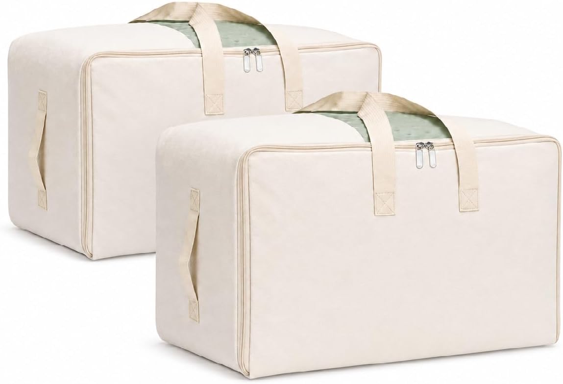 DoYiKe Soft Large Canvas Comforter Storage Bags with Four Carrying Handles and Clear Window, Closet Organizer for Clothing, Blankets Sheets Pillows and Bedding, 80L, Beige