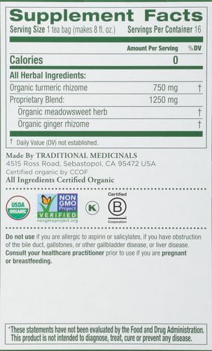 Traditional Medicinals Tea Turmeric Meadowsweet & ginger,16 count.