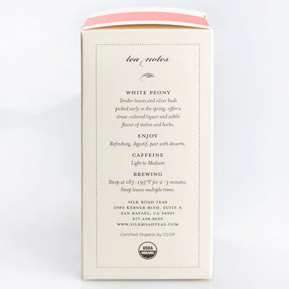 Silk Road Teas, Organic White Peony Tea, Bai Mu Dan, Soft & Sweet Aroma, Delicate Melon Taste, 15 Tea Bags