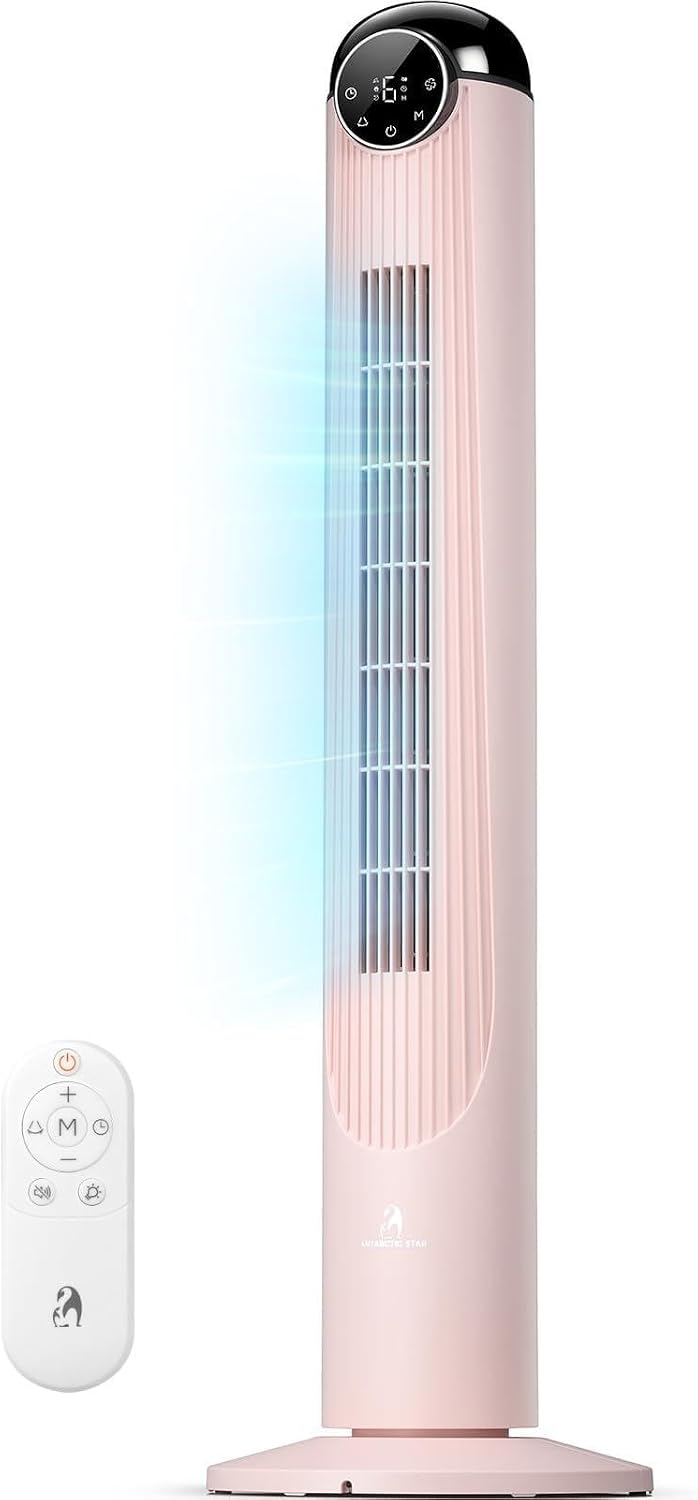 Antarctic Star T36 Tower Fan-36 Inch, Bladeless Oscillating Fan with Remote, 6 Speeds & 4 Modes, LED Display, 9H Timer, Quiet Floor Standing Fan for Bedroom Living Room Office, Pink