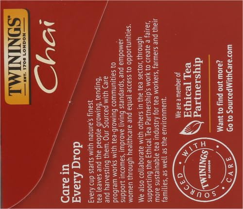 Twinings Chai Black Tea Individually Wrapped Bags, 20 Count (Pack of 2), Sweet, Savoury Spices, Caffeinated, Enjoy Hot or Iced, 20 Teabags