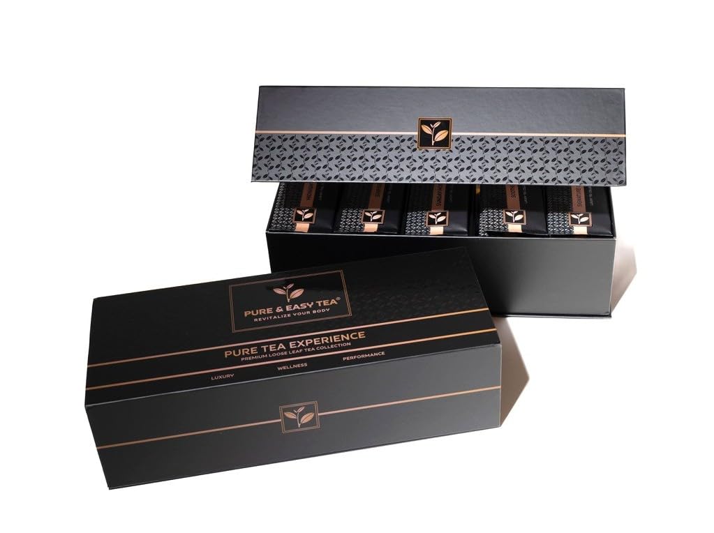 Pure And Easy Tea, Premium Tea Flight Gift Set, 30 Individual Loose Leaf Tea Packets, 10 Blend Tea Sampler, Herbal & Caffeinated Variety Pack, Luxury Gift Box, Makes 60 Cups
