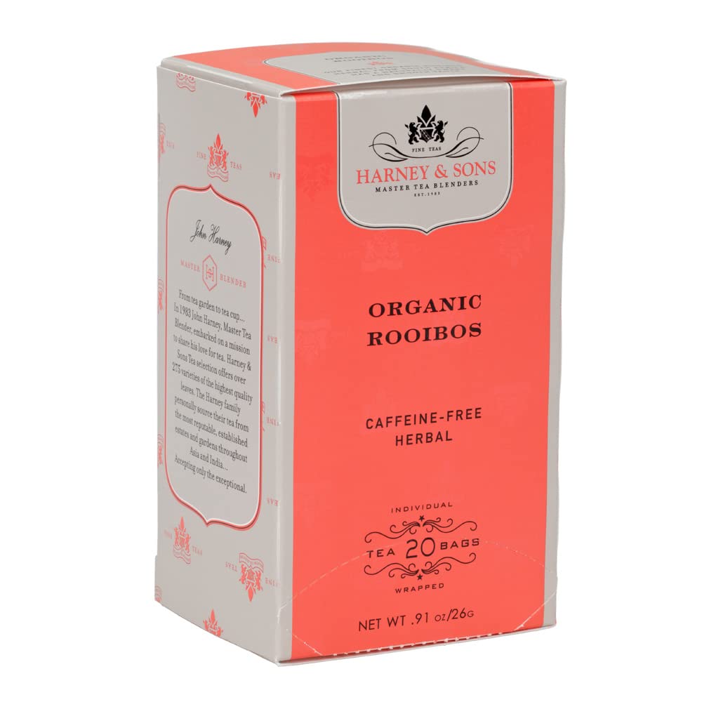 Harney & Sons Premium Tea, Organic Rooibos Herbal Tea, Individually Wrapped Tea Bags, 20/box