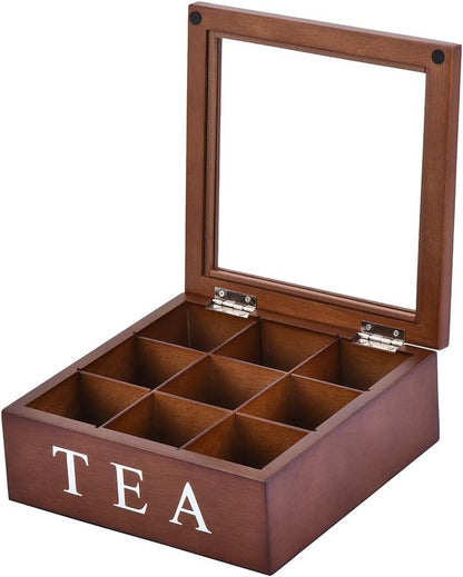 Wood Tea Storage Box, Teabag Storing 9 Compartments Wooden Tea Box Hinged Glass Lid Tea Organizer-Black