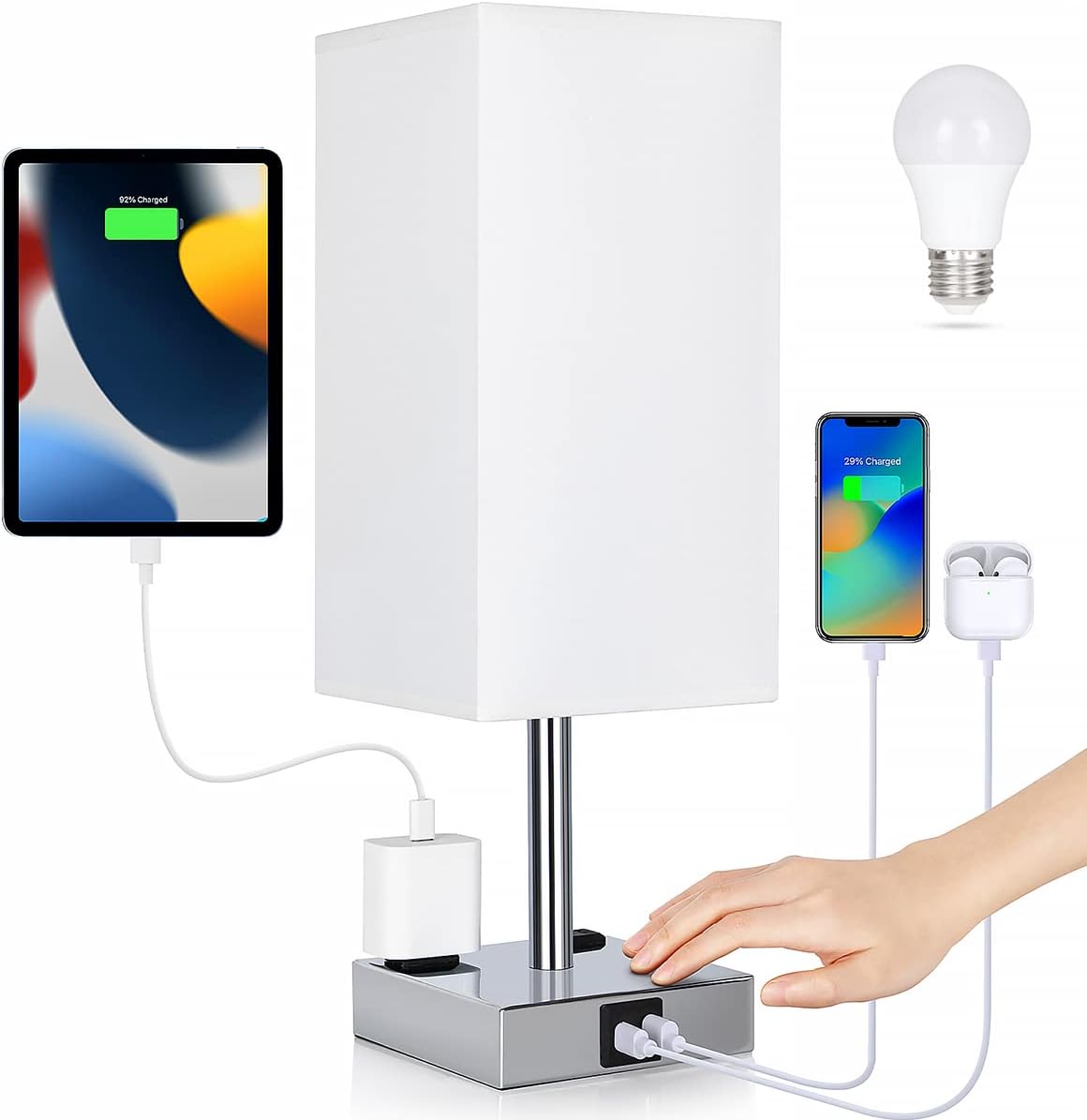 Bedside Table Lamp for Bedroom - Touch Small Lamp with USB C+A Charging Ports & AC Outlets, 3 Way Dimmable Nightstand Light for Living Room (LED Bulb Included, Grey)