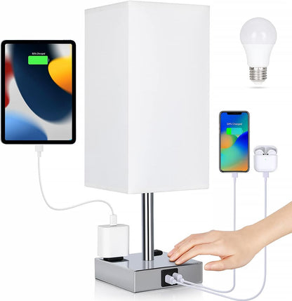 Bedside Table Lamp for Bedroom - Touch Small Lamp with USB C+A Charging Ports & AC Outlets, 3 Way Dimmable Nightstand Light for Living Room (LED Bulb Included, Grey)