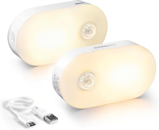 Lyridz Rechargeable Night Light with Motion Sensor, Dimmable Amber Nightlights for Bathroom, Bedroom, Kids Room, Hallway, Stairs, Pet House, 2 Pack