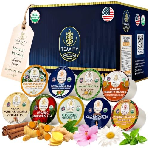 Teavity 9 Blend Organic Herbal Tea Pods Variety Pack,. 9 Assorted Flavors, Single Serve Decaf Tea Pods - 100% Gourmet Blended Leaves, Compatible with Keurig K Cups Brewer