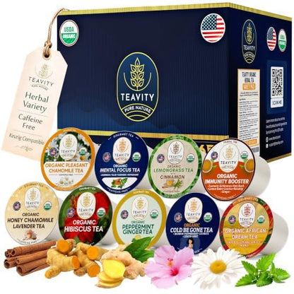 Teavity 9 Blend Organic Herbal Tea Pods Variety Pack,. 9 Assorted Flavors, Single Serve Decaf Tea Pods - 100% Gourmet Blended Leaves, Compatible with Keurig K Cups Brewer