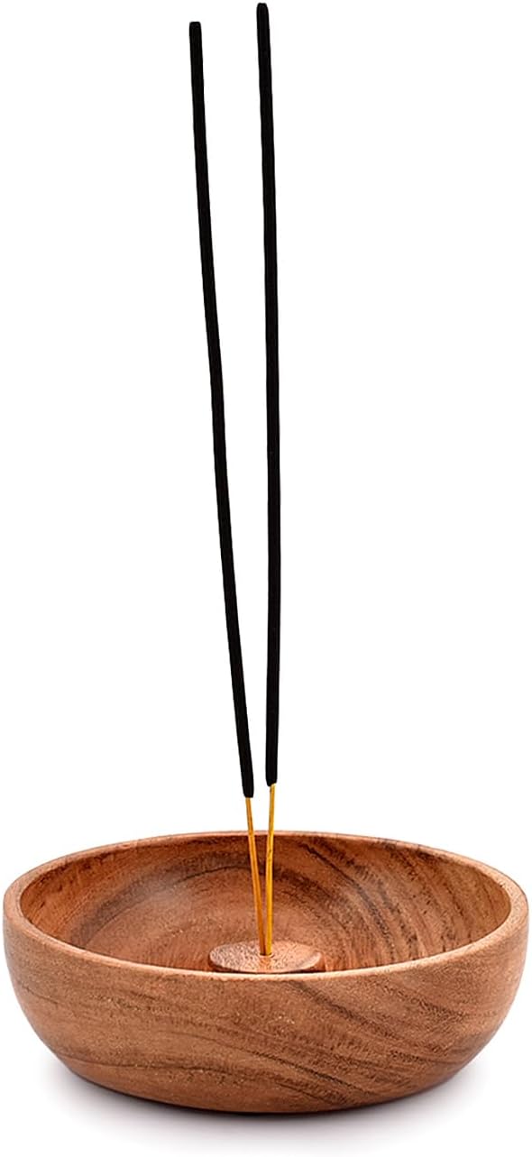 Samhita Acacia Wood Round Incense Stick Holder,Incense Burner, Ash Cather and Aromatherapy Ornament Home Décor (5" x 5" x 1.5")