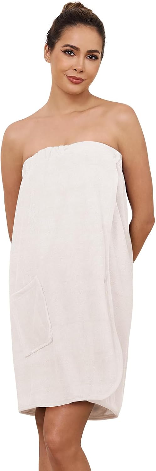 AMVELOP Womens Knee Length Wrap Towel,Button Bath Robe Adjustable Closure,Lightweight Spa Bathrobes With Pocket