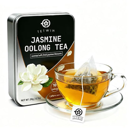 Jasmine Oolong Tea Loose Leaf, 10ct Teabags, Tie Guan Yin with 3-Round Jasmine Scenting, Plant-based tea bag, Resuable Pocket Tin